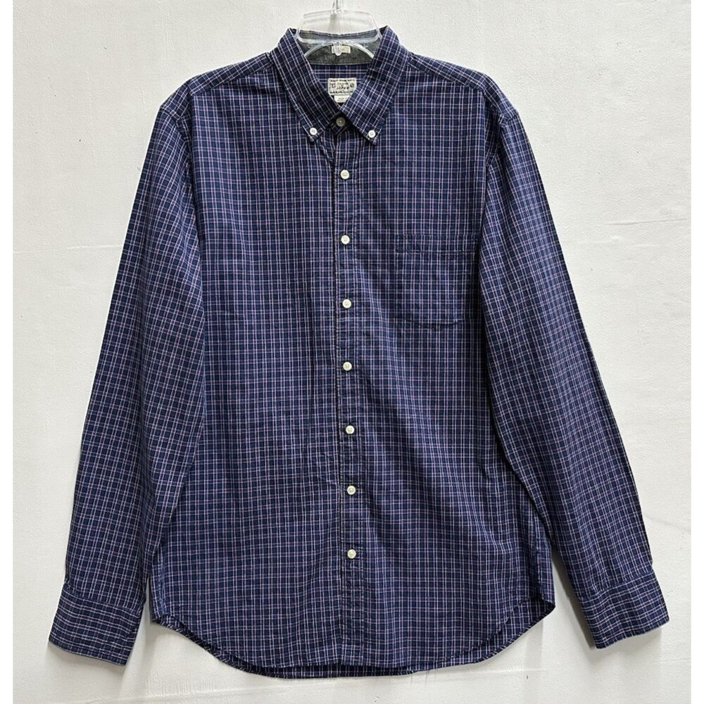 J.Crew Men size large tall blue burgundy plaid cotton long sleeve buttoned shirt